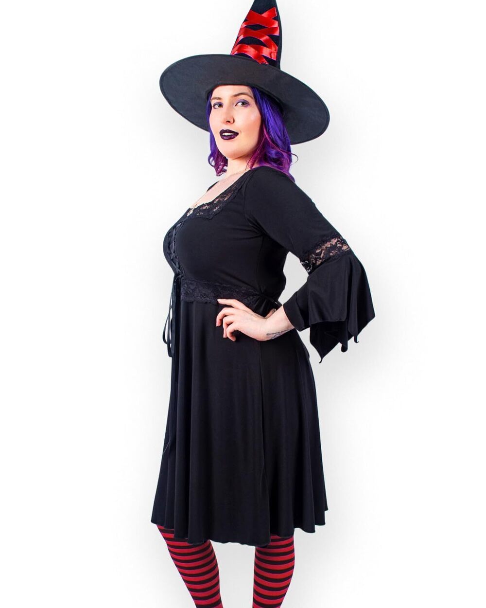 9402 Sorceress Costume: Ribbon Witch Hat, Pentagram Pendant, Striped Tights